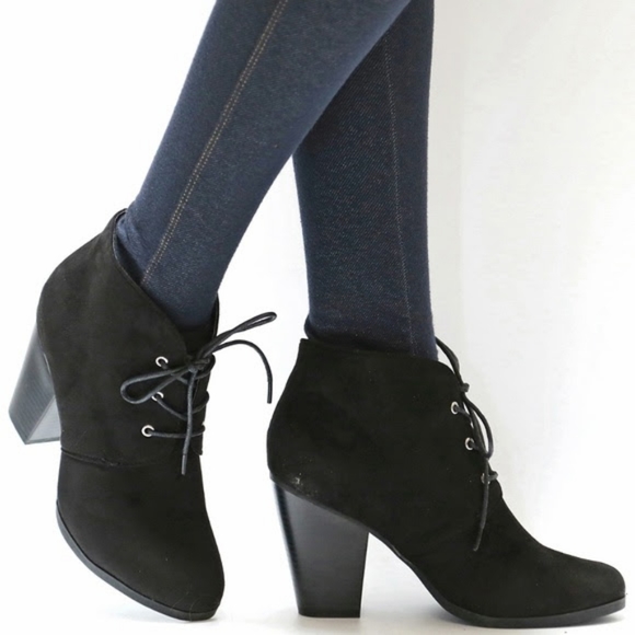 Call it Spring Black Vegan Faux Suede Ankle Boot Lace Up Booties - Picture 7 of 8